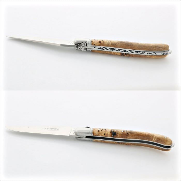 Laguiole 12 cm Nature Classic Poplar Burl pocket knife, side view. Handcrafted details, 100% Made in France.