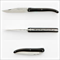 Laguiole Full Handle 11 cm Pocket Knife Ebony, top-down view of closed, open, and folded knife. Handcrafted details, 100% Made in France.