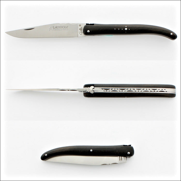 Laguiole Full Handle 11 cm Pocket Knife Ebony, top-down view of closed, open, and folded knife. Handcrafted details, 100% Made in France.