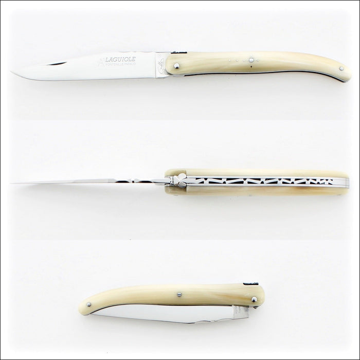 Laguiole Full Handle 11 cm Pocket Knife Horn Tip, top, side, and closed views. Handcrafted details, 100% Made in France.
