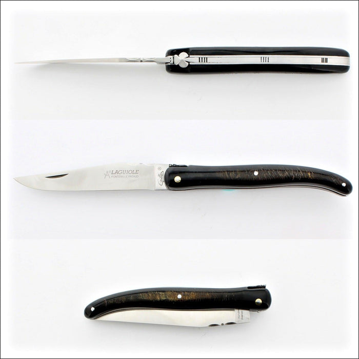 Laguiole Full Handle 12 cm "Old school" Buffalo Bark pocket knife, side view. Handcrafted details, 100% Made in France.