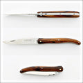 Laguiole Full Handle 12 cm "Old school" Ironwood pocket knife, open and closed, showing rich brown wood handle. Handcrafted details, 100% Made in France.