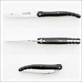 Laguiole Full Handle Scorpion Tail Black Horn Tip pocket knife, top-down view. Handcrafted details, 100% Made in France.