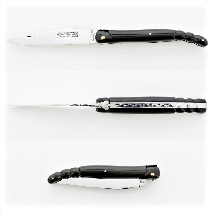 Laguiole Full Handle Scorpion Tail Black Horn Tip pocket knife, top-down view. Handcrafted details, 100% Made in France.