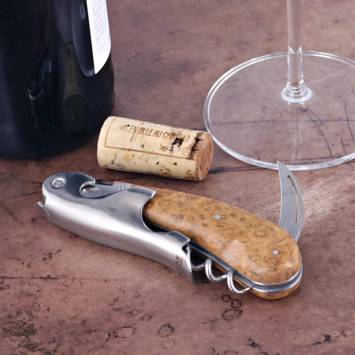 Laguiole Magnum Amboyna Burl Corkscrew, close-up of the elegant wood handle and stainless steel tools.