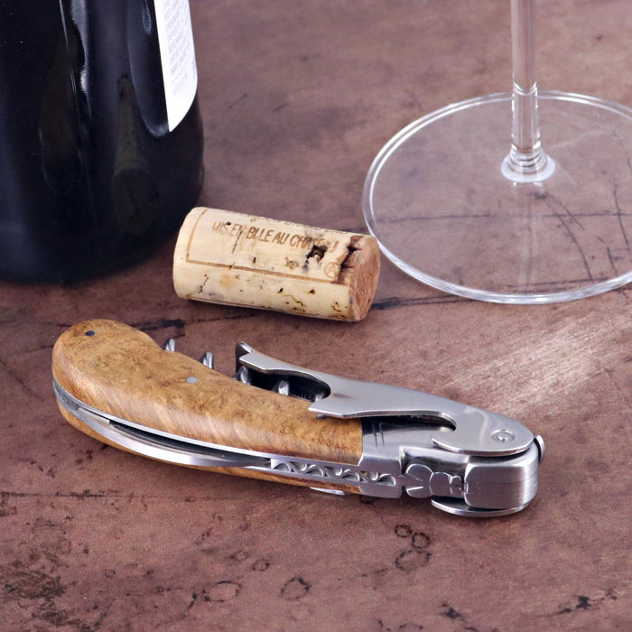 Laguiole Magnum Amboyna Burl Corkscrew, side view of the elegant wood handle and stainless steel tools.