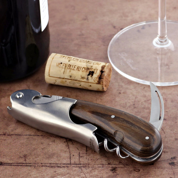 Laguiole Magnum Bocote Corkscrew, close-up side view showing dark wood handle and stainless steel tools.