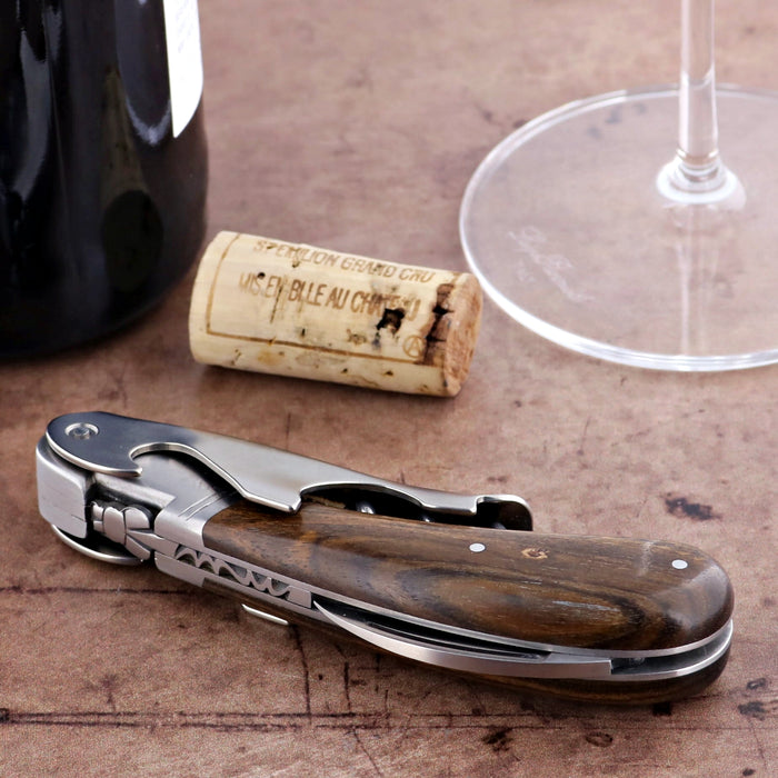 Laguiole Magnum Bocote Corkscrew, close-up of dark wood handle and stainless steel tools.