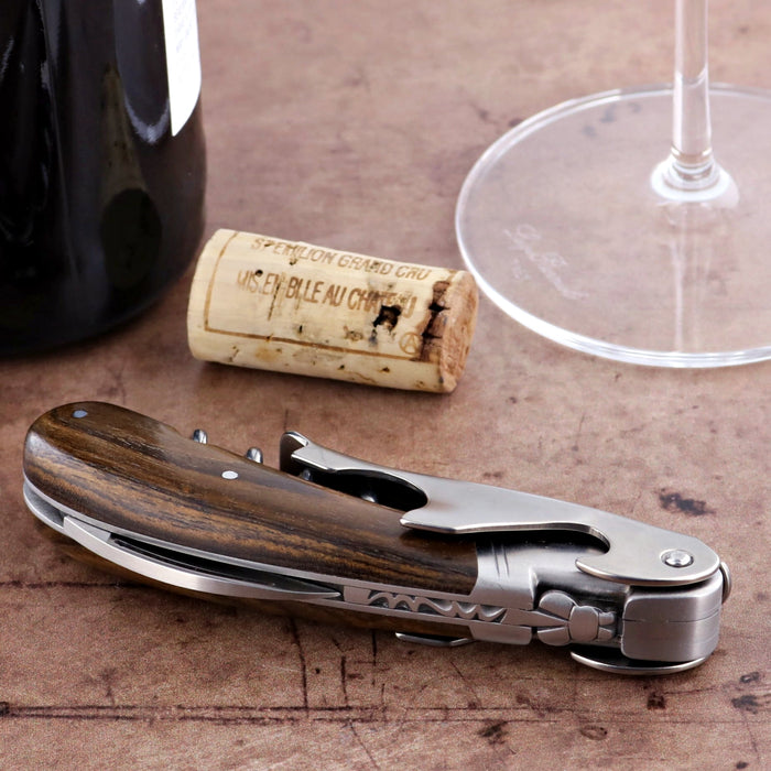 Laguiole Magnum Bocote Corkscrew, close-up side view showing wood handle and stainless steel tools.