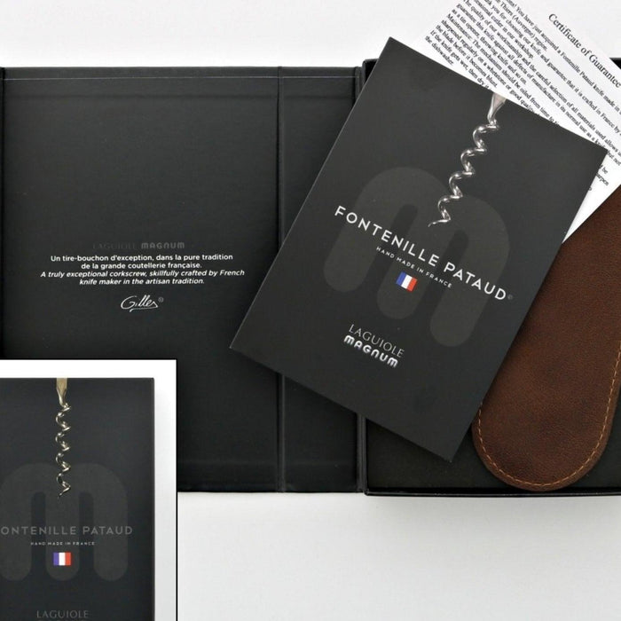 Laguiole Magnum Bocote Corkscrew - D, close-up of the black box and certificate with corkscrew worm detail.