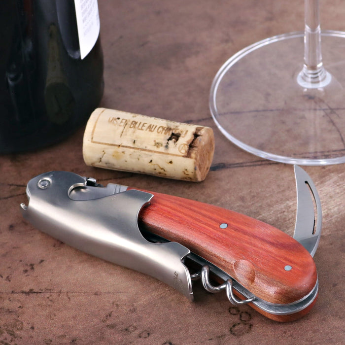 Laguiole Magnum Corkscrew Deco Grape - Rosewood, close-up of rosewood handle and stainless steel body.