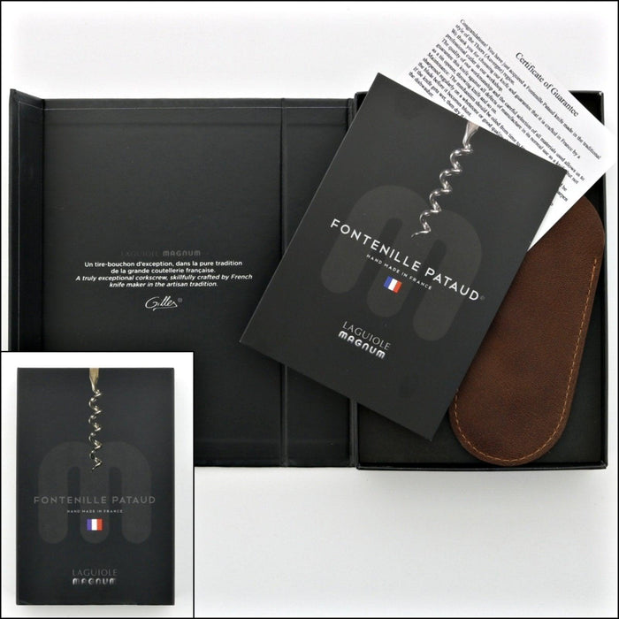 Laguiole Magnum Corkscrew Deco Grape - Rosewood, open box with guarantee, brown leather pouch, and black booklet.
