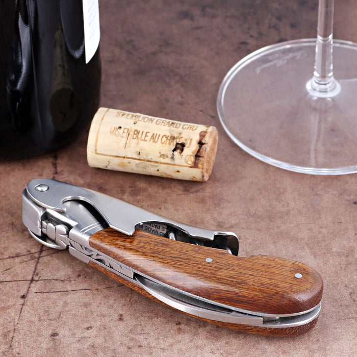 Laguiole Magnum Desert Ironwood Corkscrew, close-up side view of the polished steel and wood handle.