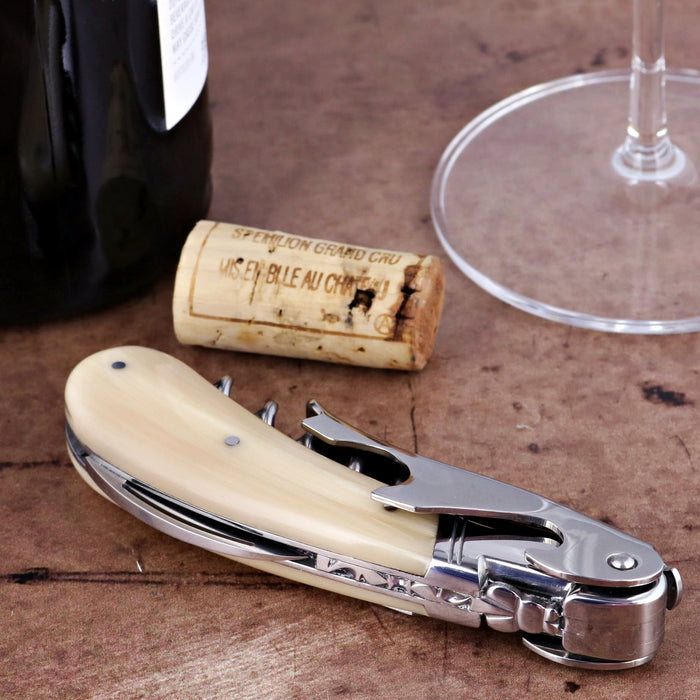 Laguiole Magnum Horn Tip Corkscrew, close-up of cream horn handle, foil cutter, and worm.
