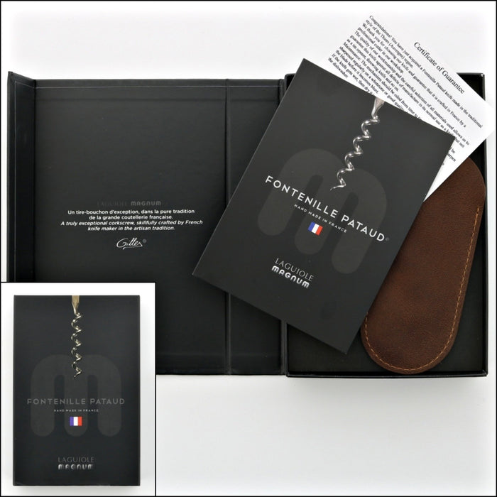 Laguiole Magnum Olive Wood Corkscrew: black box with guarantee, brown leather pouch, and branding.