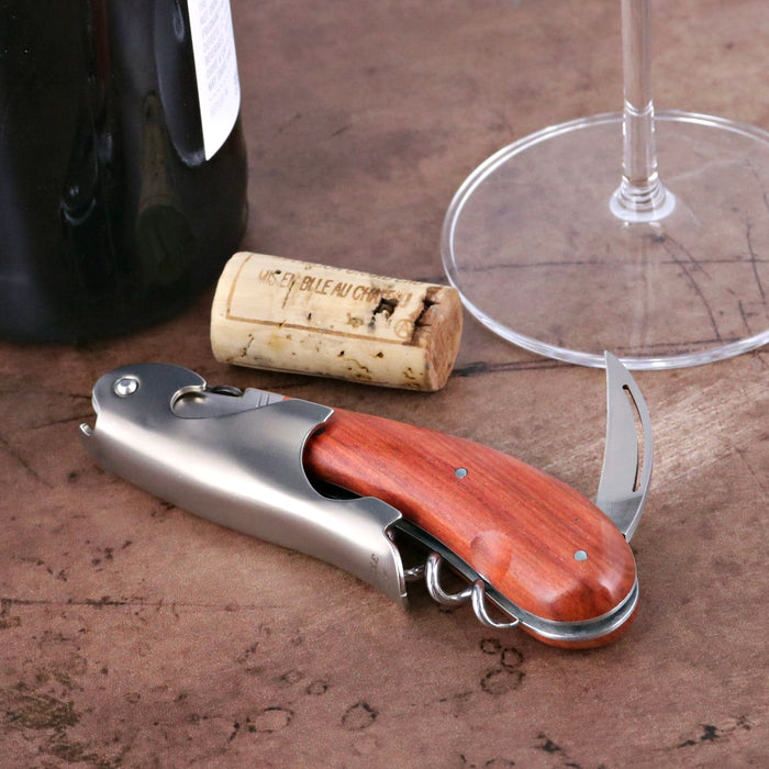 Laguiole Magnum Rosewood Corkscrew, close-up of the rosewood handle and stainless steel body.