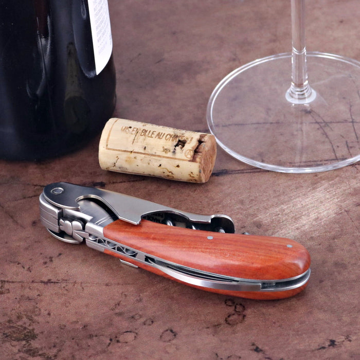Laguiole Magnum Rosewood Corkscrew, side view showing the elegant rosewood handle and stainless steel tools.