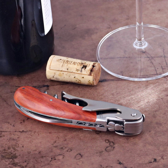 Laguiole Magnum Rosewood Corkscrew, close-up of rosewood handle, foil cutter, and worm.