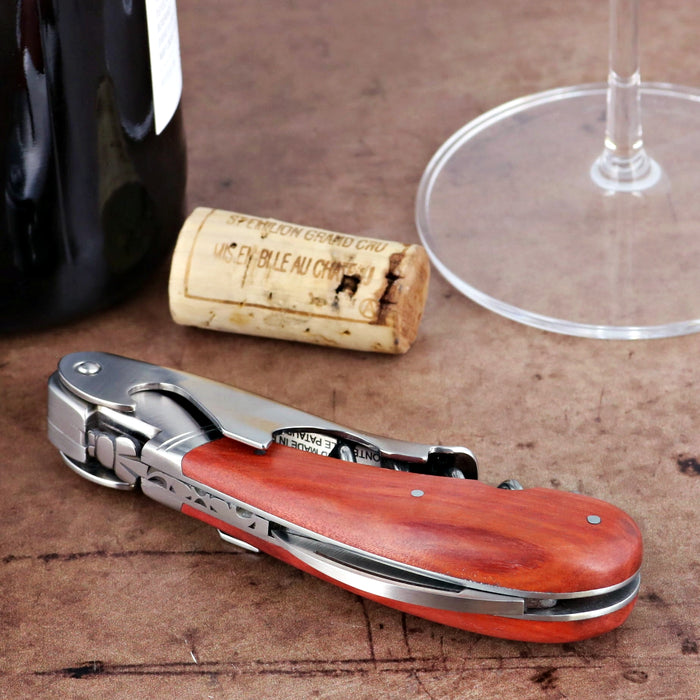 Laguiole Magnum Rosewood Corkscrew, close-up of rosewood handle and stainless steel body.