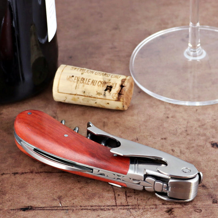 Laguiole Magnum Rosewood Corkscrew, close-up of the rosewood handle and stainless steel mechanism.