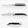 Laguiole Traditional 12 cm Knife Black Horn Tip, side view, open and closed. Handcrafted details, 100% Made in France.