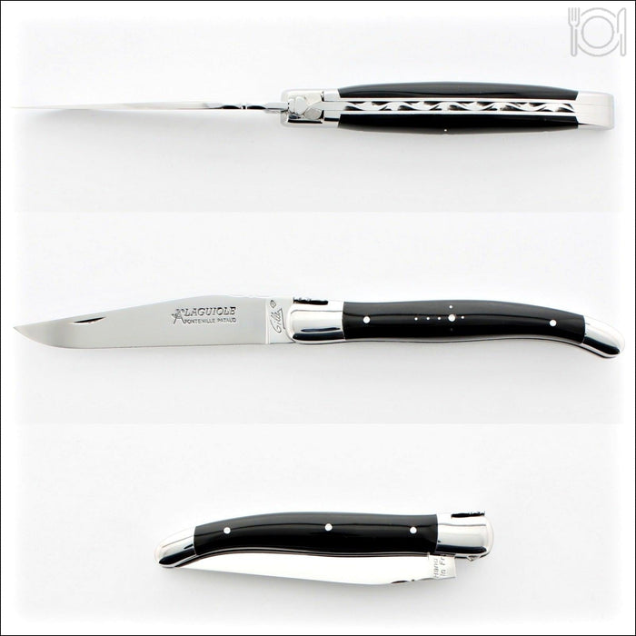 Laguiole Traditional 12 cm Knife Black Horn Tip, side view, open and closed. Handcrafted details, 100% Made in France.