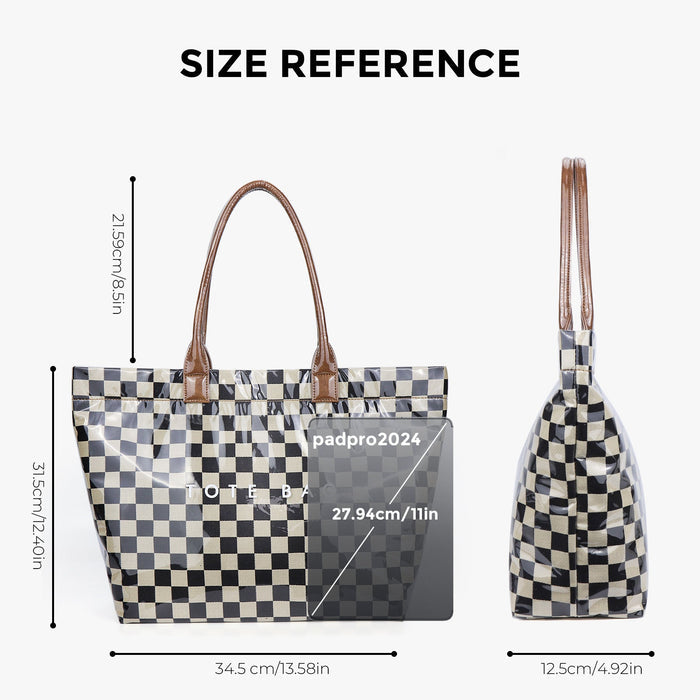 Ounamei Large Capacity PVC Checkered Tote Bag for Women | Waterproof Canvas Work Tote Fits 15.6-Inch Laptop