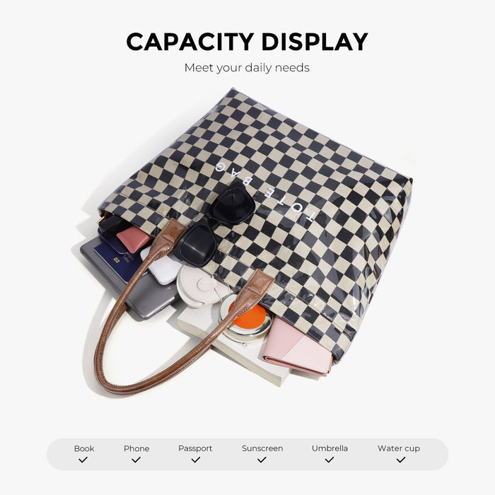 Ounamei Large Capacity PVC Checkered Tote Bag for Women | Waterproof Canvas Work Tote Fits 15.6-Inch Laptop