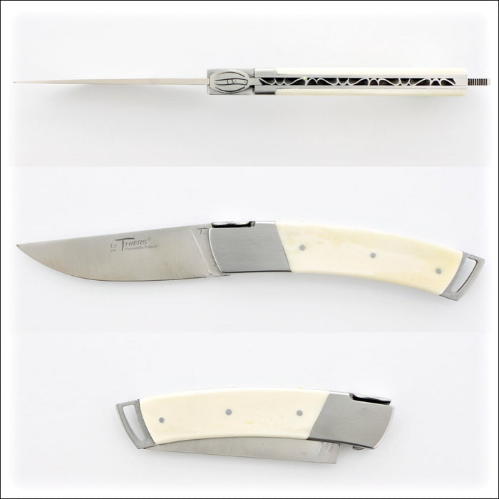 Le Thiers Gentleman 12 cm Pocket Knife Bone Handle, side view, open and closed. Handcrafted details, 100% Made in France.