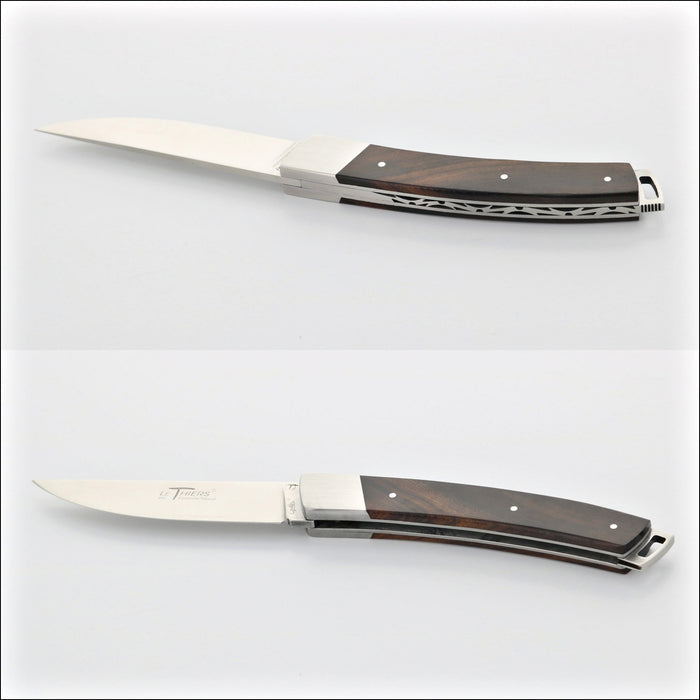 Le Thiers® Nature 11 cm Pocket Knife Desert Ironwood, close-up side view of the dark wood handle and polished blade. Handcrafted details, 100% Made in France.