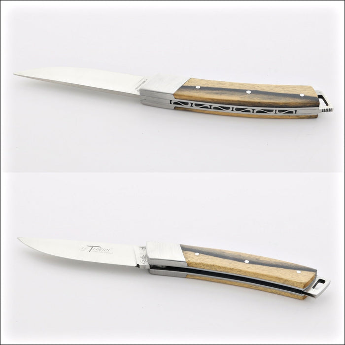 Le Thiers® Pocket Royal Ebony Handle, top-down view of the open knife. Handcrafted details, 100% Made in France.