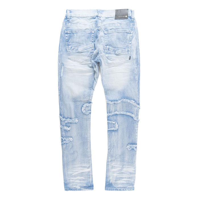 Light blue denim with faded wash and whiskering for a vintage look