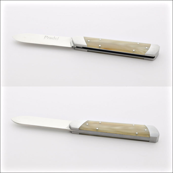 Pradel Folding Knife Light Horn Tip Handle & Hidden Lock-Back, close-up of the light horn handle. Handcrafted details, 100% Made in France.