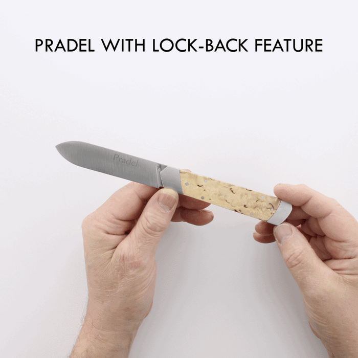 Pradel Folding Knife: Close-up of light horn tip handle and hidden lock-back. Handcrafted details, 100% Made in France.