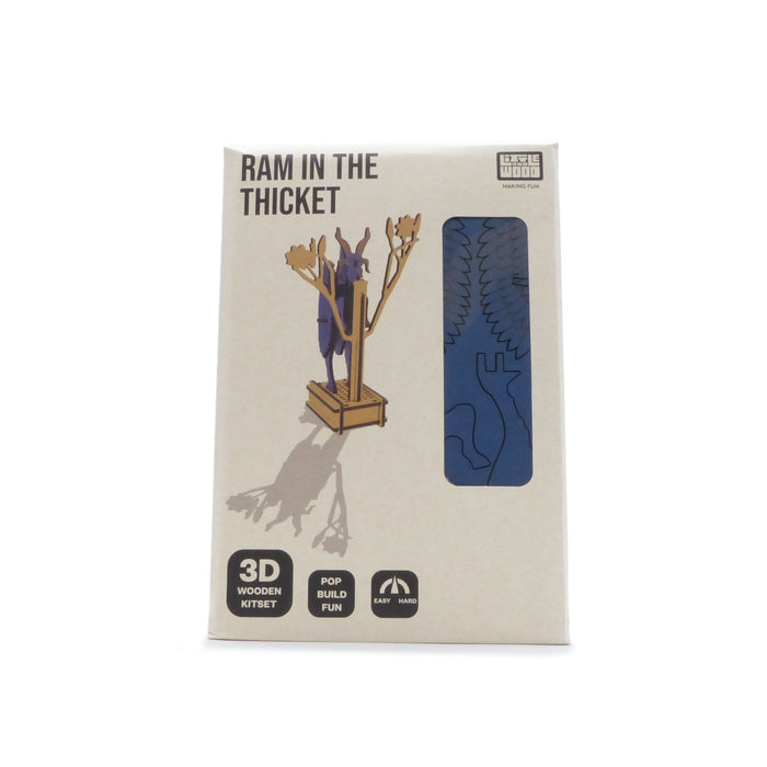 Packaging of 'Ram in the Thicket' 3D wooden kit on a white background