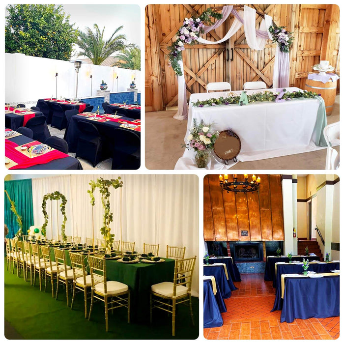 Elegant event setup with tables, floral decor, and rustic wooden backdrop.