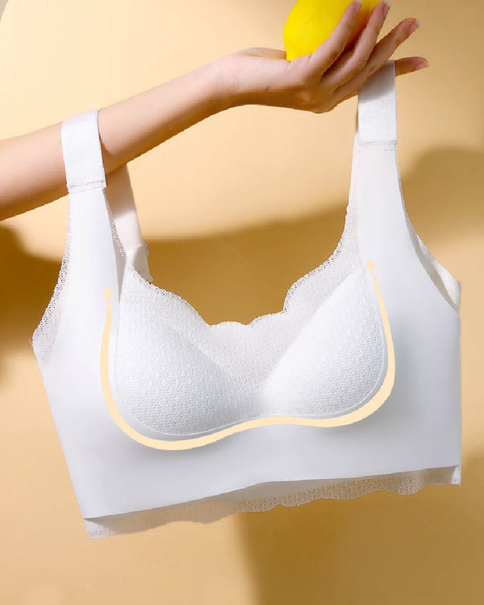 Seamless Fixed Full Cup Bra Ultra-thin Sexy Lace Push Up Wave Trim Bralette  - By Qivii