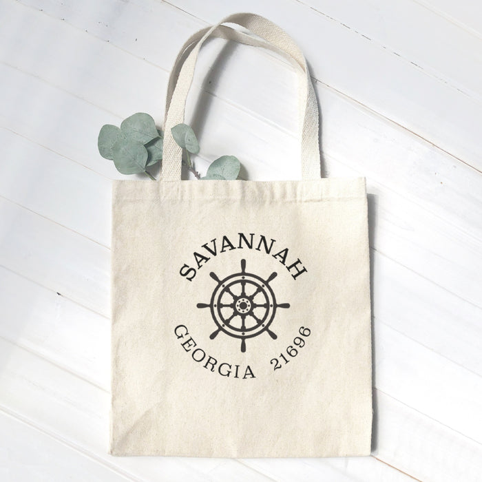 Ship Wheel w/ City and State - Custom Canvas Tote Bag