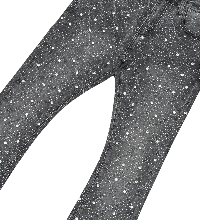 Trendy grey denim flare jeans with Vicious Embellish Rhinestone design