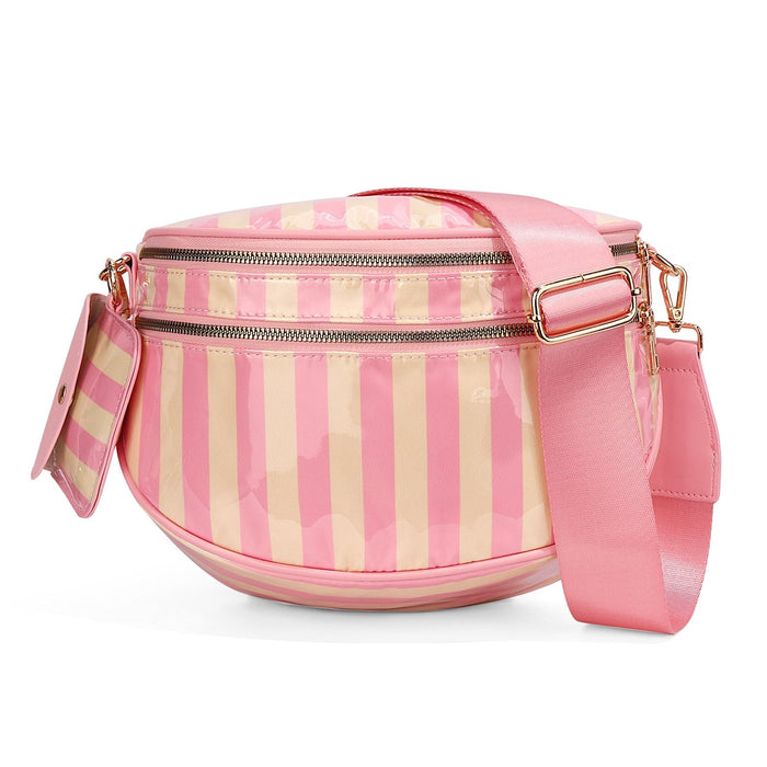 Ounamei Waterproof PVC Striped Crossbody Bum Bag for Women | Pink & Green / Pink & Yellow Nylon Belt Bag for Travel & Everyday Use