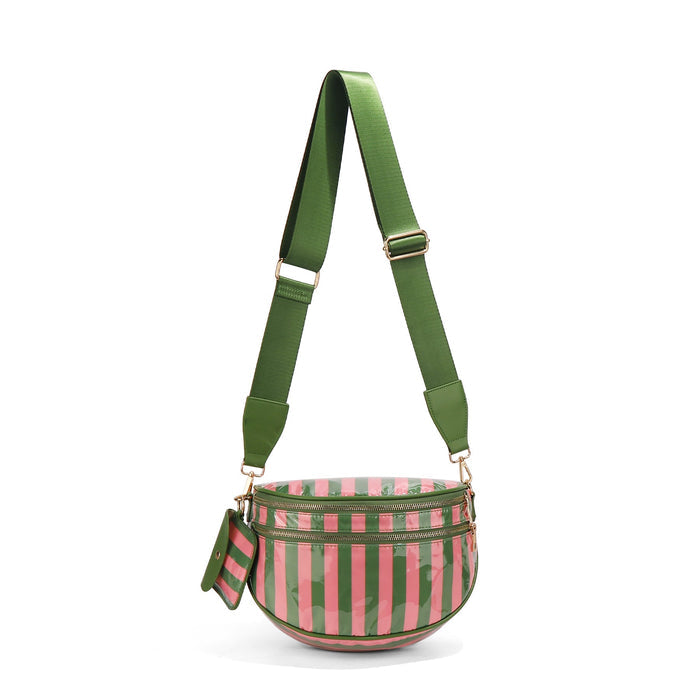 Ounamei Waterproof PVC Striped Crossbody Bum Bag for Women | Pink & Green / Pink & Yellow Nylon Belt Bag for Travel & Everyday Use
