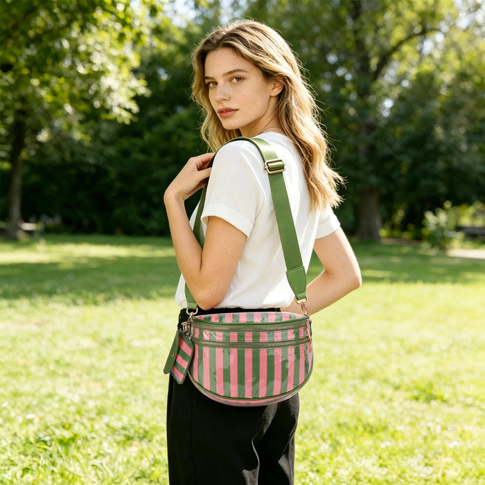 Ounamei Waterproof PVC Striped Crossbody Bum Bag for Women | Pink & Green / Pink & Yellow Nylon Belt Bag for Travel & Everyday Use