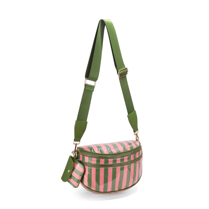 Ounamei Waterproof PVC Striped Crossbody Bum Bag for Women | Pink & Green / Pink & Yellow Nylon Belt Bag for Travel & Everyday Use