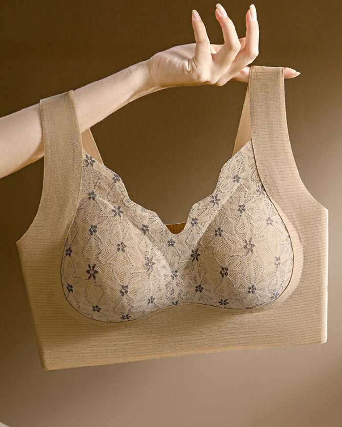 Wire Free Seamless Thin Breathable Bra with Delicate Floral Lace  - By Qivii