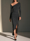 Women's Asymmetric-Neck Long-Sleeve Ruched Slit Bodycon Maxi Dress MDZ2748H8CMX