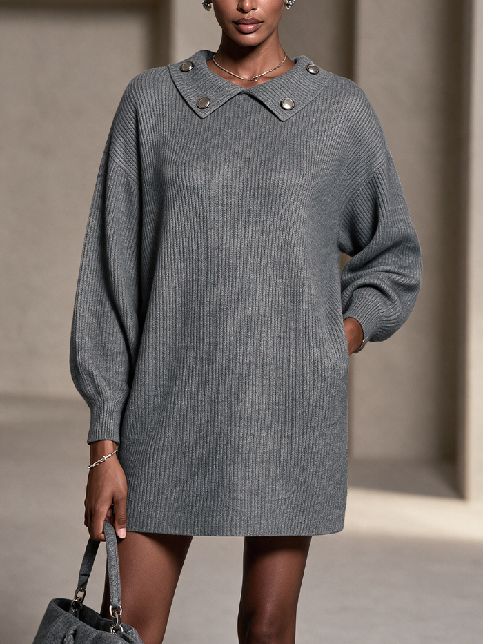 Women's Button Detail Casual Knit Lapel Mini Dress MDZ0314I6GMJ