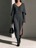 Women's Cape V-Neck Long-Sleeve Slit Wool-Knit Maxi Dress MDZ2821H0CMX