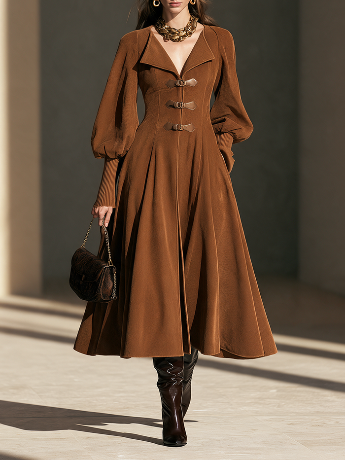 Women's Caramel-Brown Lapel Leather-Tab Cinched-Waist Blouson-Sleeve Full-Skirt Midi Coat