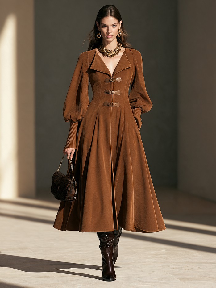 Women's Caramel-Brown Lapel Leather-Tab Cinched-Waist Blouson-Sleeve Full-Skirt Midi Coat