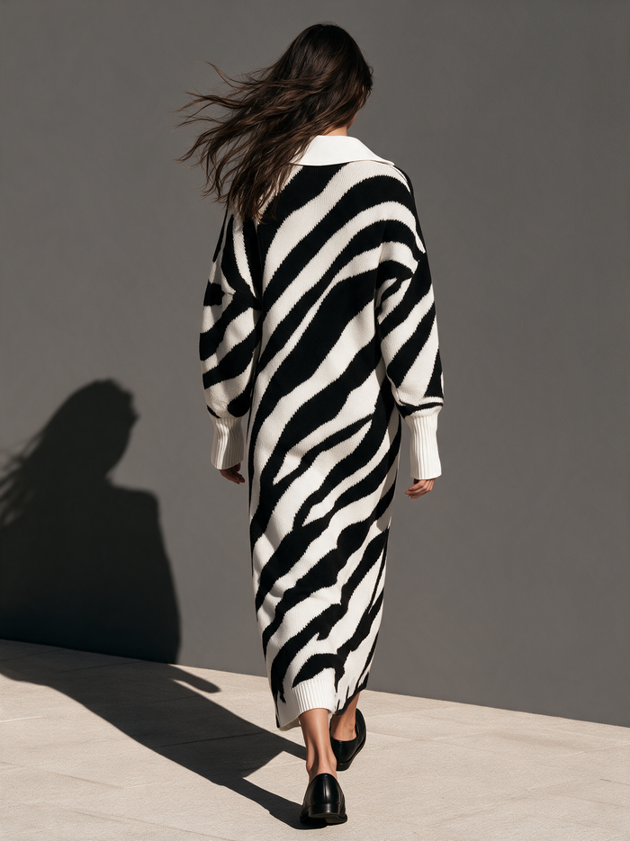Women's Casual Black And White Zebra-Print Knit Maxi Dress MDZ0147I0LXY
